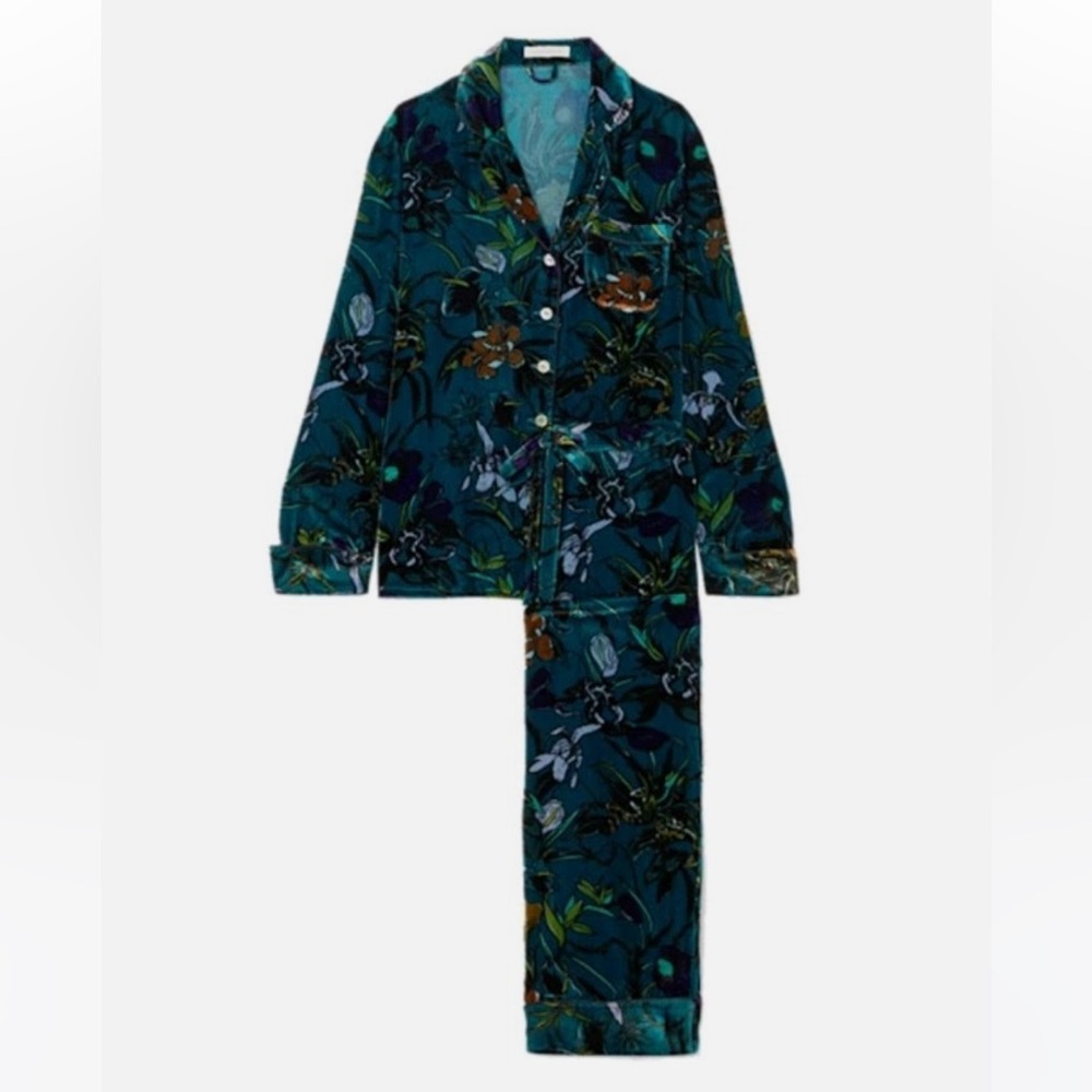 Olivia von Halle Velvet Teal Floral Pajama Set L